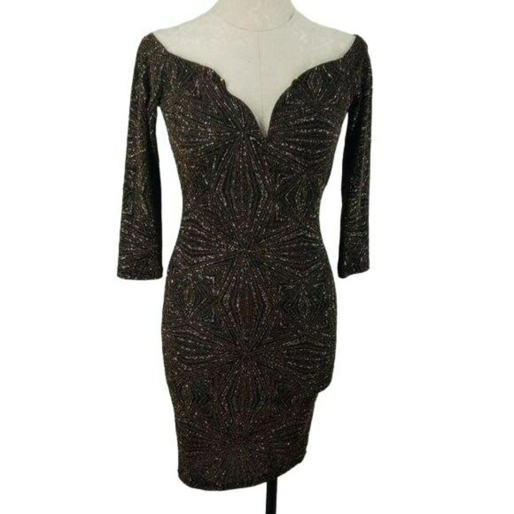 Iris Black and Gold Metallic Deep V‎ Neck Bodycon Long Sleeve Size Medium Dress